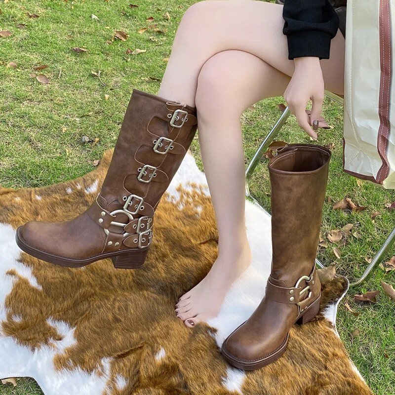 Lucyever Vintage Πλατφόρμα Cowboy Boots για Γυναικείες Επωνυμίες Σχεδιαστής με πόρπη Mid Calf Μπότες Woman Punk Χοντρά Τακούνια Pu Leather Botas