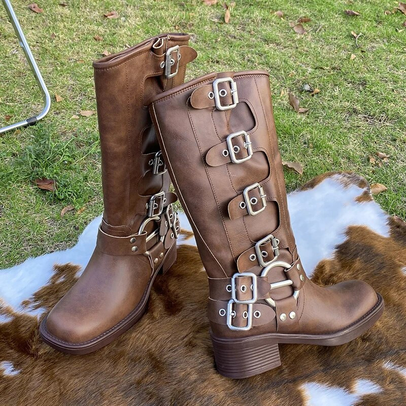 Lucyever Vintage Πλατφόρμα Cowboy Boots για Γυναικείες Επωνυμίες Σχεδιαστής με πόρπη Mid Calf Μπότες Woman Punk Χοντρά Τακούνια Pu Leather Botas