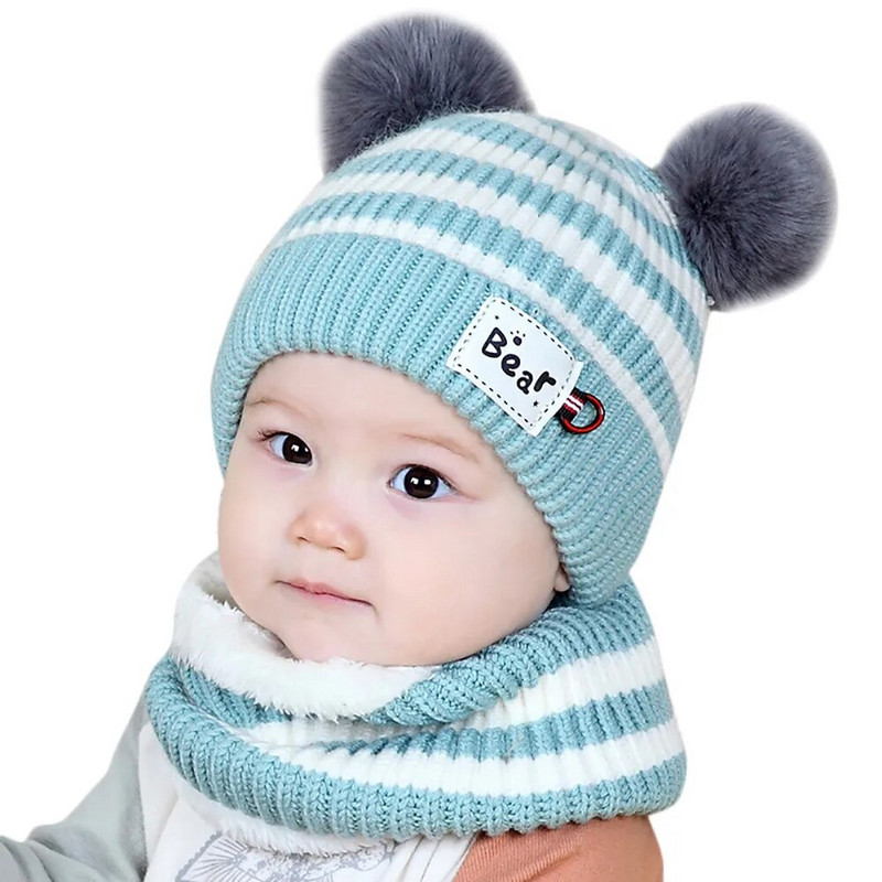 2 τμχ Βρεφικά χειμωνιάτικα καπέλα Κασκόλ Baby beanies Καπέλο καπέλο αρσενικό πλεκτό βελούδινο καπάκι για κορίτσια Αγόρια Παιδικά χειμωνιάτικα ζεστά κασκόλ Σετ κασκόλ