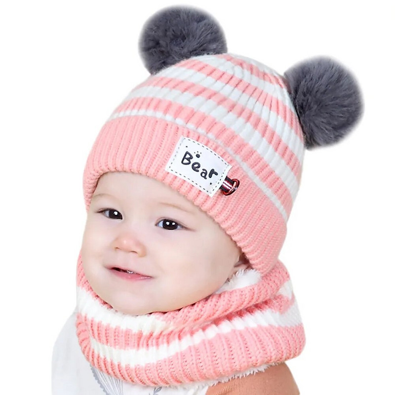 2 τμχ Βρεφικά χειμωνιάτικα καπέλα Κασκόλ Baby beanies Καπέλο καπέλο αρσενικό πλεκτό βελούδινο καπάκι για κορίτσια Αγόρια Παιδικά χειμωνιάτικα ζεστά κασκόλ Σετ κασκόλ