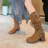 2023 m. žiemos nauji zomšiniai moteriški batai iki kelių kvadratiniai aukštakulniai batai kokybiški rudeniniai moteriški apvalūs batai