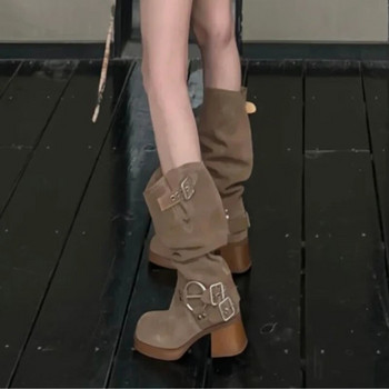 2023 Зимни нови велурени дамски ботуши до коляното Квадратни ботуши на висок ток Качествени есенни дамски обувки с кръгли пръсти