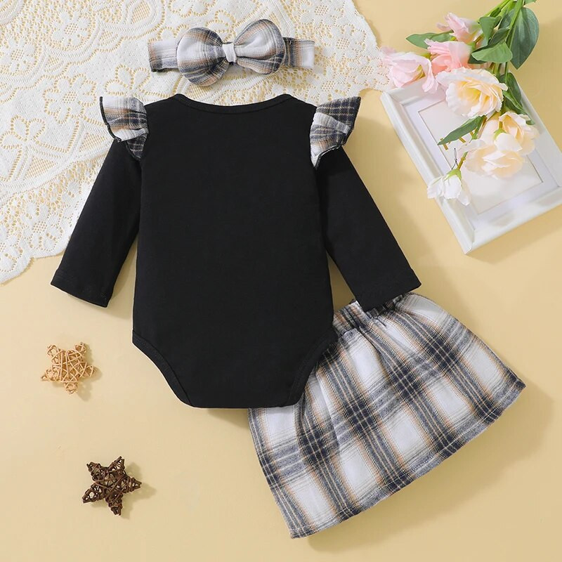 0-18 εκατομμυρίων κοριτσιών με στάμπες με στάμπα για νεογέννητα βρέφη με μακρυμάνικο μπουφάν + καρό πλισέ φούστα + σετ κεφαλόδεσμου Φθινοπωρινά ρούχα για παιδιά