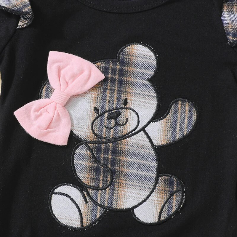 0-18 εκατομμυρίων κοριτσιών με στάμπες με στάμπα για νεογέννητα βρέφη με μακρυμάνικο μπουφάν + καρό πλισέ φούστα + σετ κεφαλόδεσμου Φθινοπωρινά ρούχα για παιδιά