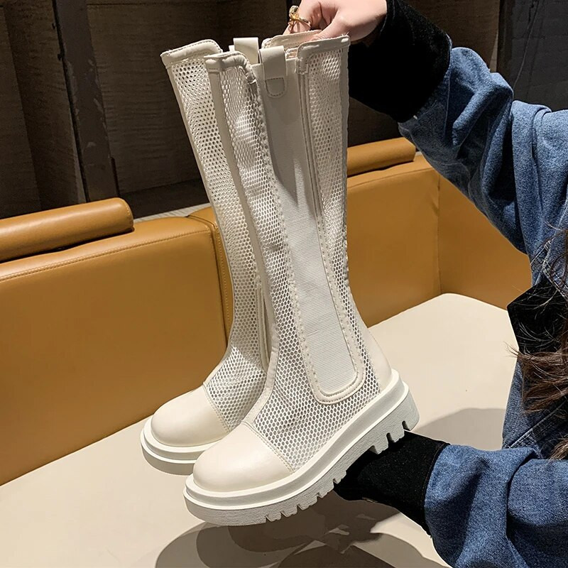 Naiste kingad 2023. aasta suvi, ühevärvilised võrkkangast ühevärvilised, hingava võrguga ratsasaapad, paksu põhjaga naiste kingad