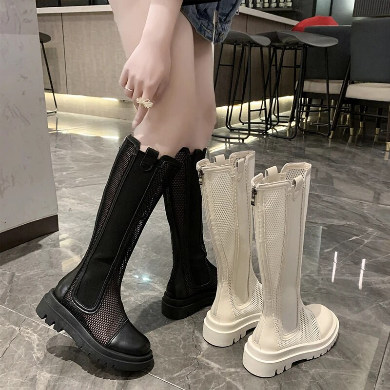 Naiste kingad 2023. aasta suvi, ühevärvilised võrkkangast ühevärvilised, hingava võrguga ratsasaapad, paksu põhjaga naiste kingad