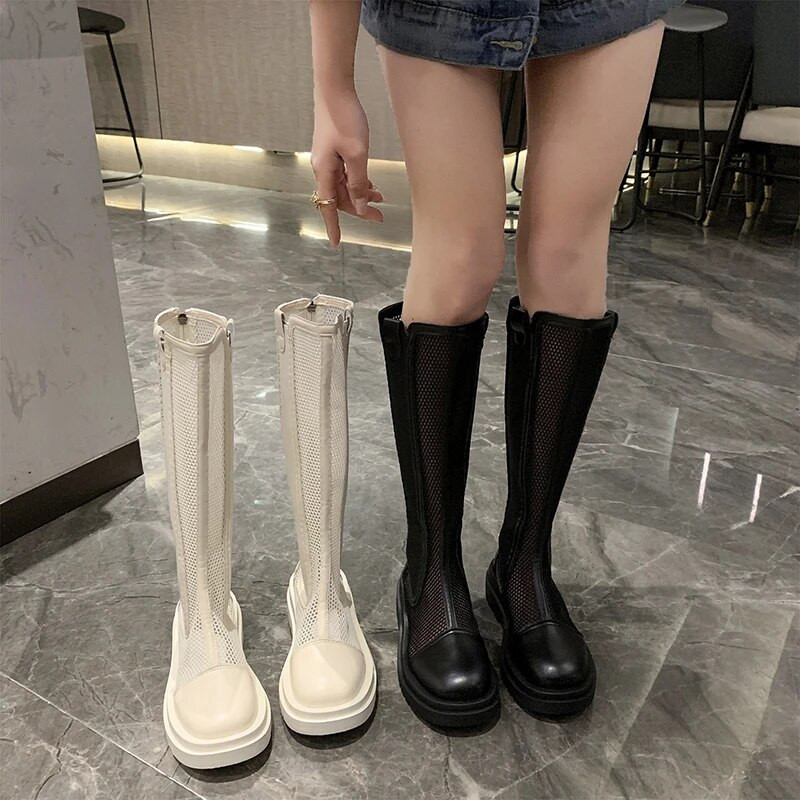 Naiste kingad 2023. aasta suvi, ühevärvilised võrkkangast ühevärvilised, hingava võrguga ratsasaapad, paksu põhjaga naiste kingad