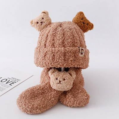 Set pălărie și eșarfe pentru sugari 6-36 luni Ursul de pluș toamnă și iarnă coreeni băieți și fete drăguț desene animate tricot cald chestii pentru bebeluși