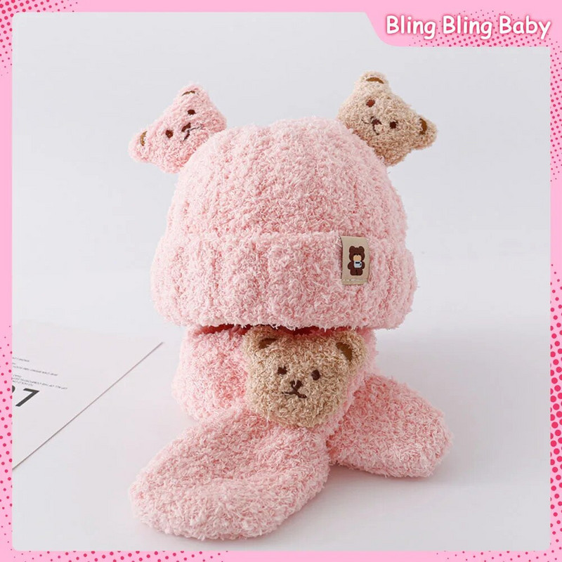 Βρεφικό καπέλο και κασκόλ 6-36 μηνών The Bear βελούδινο φθινόπωρο και χειμώνα Κορεάτικα αγόρια και κορίτσια Χαριτωμένα κινούμενα σχέδια, ζεστά πλεκτά βρεφικά πράγματα