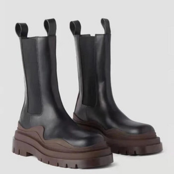 2023 ΝΕΑ γυναικείες μπότες μεσαίου σωλήνα πολυτελείας φθινοπώρου/χειμώνα με χοντρό σόλα Chelsea ankle boots δερμάτινες μπότες μοτοσικλέτας 35-40
