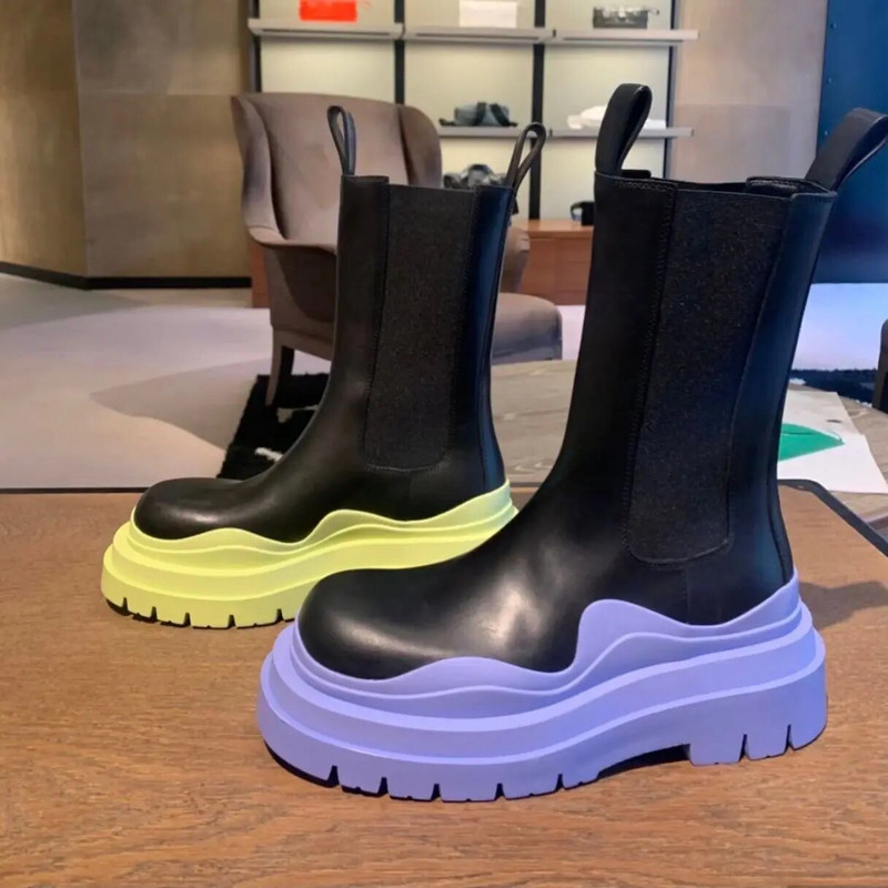 2023 ΝΕΑ γυναικείες μπότες μεσαίου σωλήνα πολυτελείας φθινοπώρου/χειμώνα με χοντρό σόλα Chelsea ankle boots δερμάτινες μπότες μοτοσικλέτας 35-40