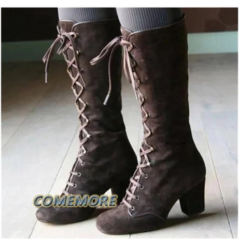 2023 Φθινοπωρινές σουέτ μπότες στη μέση της γάμπας Μόδα Γυναικεία μεσαία τακούνια Μπότες ιππασίας με γόνατο Γυναικεία παπούτσια Γυναικεία κορδόνια επάνω Plus μέγεθος 42 43