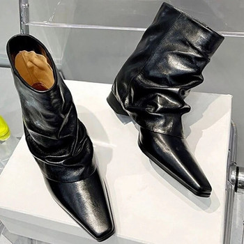 2023 г. Дамски плисирани ботуши Челси до средата на прасеца Зимни нови обувки на ниски токчета Дебели мотоциклетни ботуши с квадратни пръсти Готически снежни ботуши Botas
