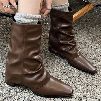 2023 Γυναικείες πλισέ Mid Calf Chelsea Boots Χειμερινά νέα παπούτσια με χαμηλά τακούνια Ογκώδεις μπότες μοτοσικλέτας Square Toe Goth Snow Botas Pumps