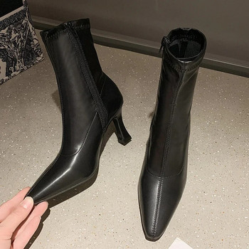 New Fashion 2022 Μονόχρωμο φερμουάρ στο πλάι Μποτάκια με ψηλό τακούνι Λεπτές μπότες με μυτερό λεπτό τακούνι Γυναικεία παπούτσια από καουτσούκ
