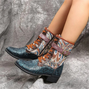 2022 Γυναικείες vintage μπότες με χαμηλό τακούνι Ψηλά λαστιχένιες μπότες αδιάβροχες με στρογγυλό φερμουάρ στο πλάι Γυναικεία μποτάκια