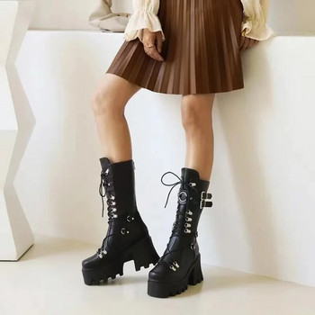 Chunky Platform Δερμάτινες μεσαίες μπότες Γυναικείες ρετρό πανκ Ύψος Αυξάνονται Gothic Punk Knight Γυναικείες μπότες με κορδόνια Χειμώνας
