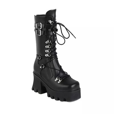 Cizme medii din piele cu platformă groasă Cizme punk gotice de damă retro punk care cresc în înălțime Cizme cavaler de damă cu șireturi de iarnă