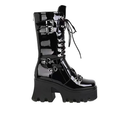 Cizme medii din piele cu platformă groasă Cizme punk gotice de damă retro punk care cresc în înălțime Cizme cavaler de damă cu șireturi de iarnă