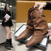 Cizme de dama Pantofi pentru 2023 Mid Vitel Western Nit Iarna Toamna Gotic Cowboy Tocuri groase Retro Femei New Rock Low