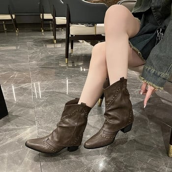 Γυναικείες μπότες Παπούτσια για το 2023 Mid Calf Western Midted toe Rivet Winter Autumn Gothic Cowboy Retro Woman με χοντρές γόβες New Rock Low