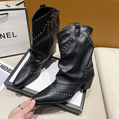 Cizme de dama Pantofi pentru 2023 Mid Vitel Western Nit Iarna Toamna Gotic Cowboy Tocuri groase Retro Femei New Rock Low