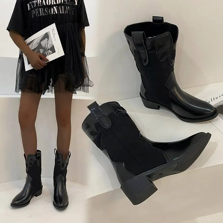 Νέες  δυτικές μπότες καουμπόικες γυναικείες κοντές μπότες με μεσαίο τακούνι με μυτερό δάχτυλο στο μεσαίο τακούνι Γυναικείες μακριές μπότες βρετανικές