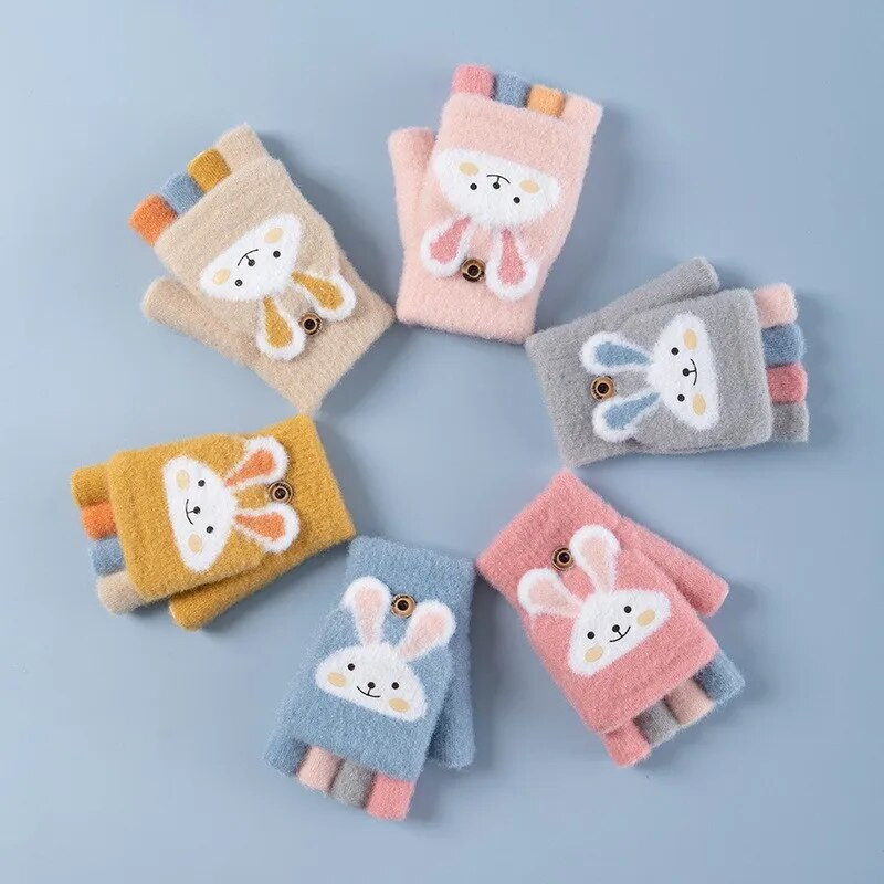 Wecute Detské chlapčenské a dievčenské zimné teplé rukavice bez prstov, konvertibilné, sklápacie, pletené, magické rukavice, roztiahnuteľné, na zápästie, palčiaky