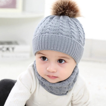 Топла детска шапка и комплект зимен шал Акрилна топка за коса Бебешка шапка за новородено Бебешка шапка Комплект шал Бебешки зимен топъл пакет Шал Шапка