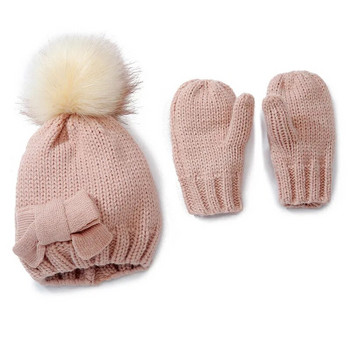 Χειμερινό μωρό καπέλο και γάντι Μόδα παπιγιόν Πλεκτό σετ καπέλο και γάντια για παιδικά κορίτσια Παιδικό καπέλο Pompom Kids Beanies Cap