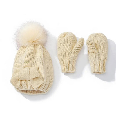 Žieminė kūdikių kepurė ir pirštinė mada Bowknot Megzta kepurė ir pirštinių rinkinys vaikams mergaitėms Vaikams Pompom Hat Vaikams Beanies Kepurė