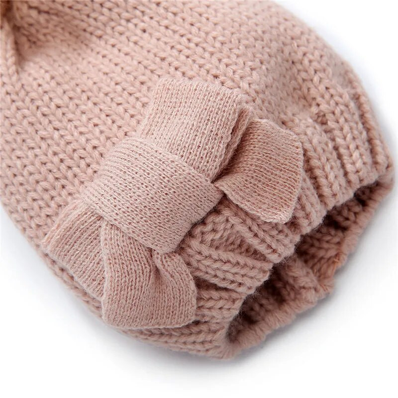 Χειμερινό μωρό καπέλο και γάντι Μόδα παπιγιόν Πλεκτό σετ καπέλο και γάντια για παιδικά κορίτσια Παιδικό καπέλο Pompom Kids Beanies Cap