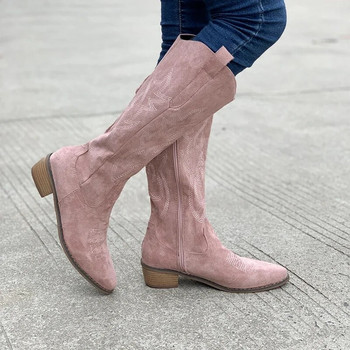Γυναικείες μπότες 2023 Φθινόπωρο χειμερινή μόδα Μπότες με χοντρό τακούνι καουμπόικες μπότες με φερμουάρ Μυτερές γάμπες Κοριτσίστικες μπότες ροζ μεγάλου μεγέθους