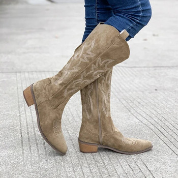 Γυναικείες μπότες 2023 Φθινόπωρο χειμερινή μόδα Μπότες με χοντρό τακούνι καουμπόικες μπότες με φερμουάρ Μυτερές γάμπες Κοριτσίστικες μπότες ροζ μεγάλου μεγέθους