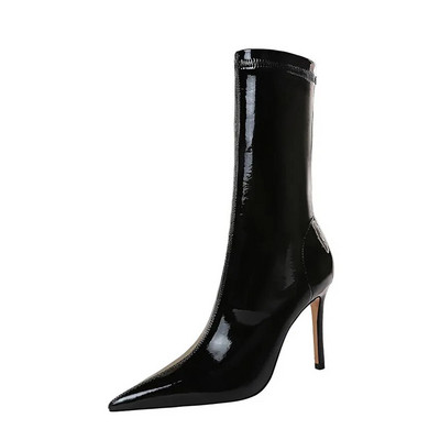 2023 Cizme de la jumătatea gambei din piele lăcuită strălucitoare pentru femei, cizme sexy de petrecere negre, calde, elastice, cu tocuri înalte, Botas Mujer toamnă