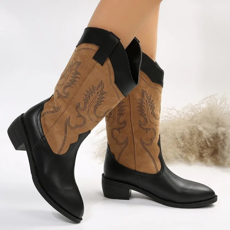 Naiste 2023. aasta kingad Uued kesk sääreosa naiste saapad Retromoodsad naiste saapad Sobivad värvid tikandid, keskmise kontsaga naiste kingad