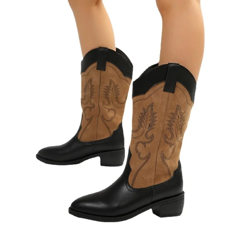 Naiste 2023. aasta kingad Uued kesk sääreosa naiste saapad Retromoodsad naiste saapad Sobivad värvid tikandid, keskmise kontsaga naiste kingad