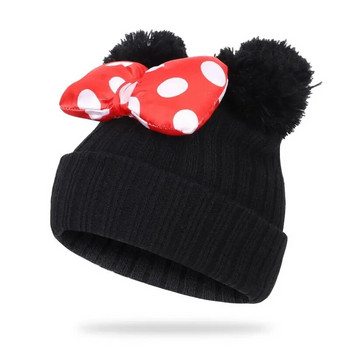 Disney Minnie Cartoon Wool Ball-ear-protection καπέλο Παχύ καπέλο 2023 New Kids Cute ζεστά καπέλα Πλεκτό καπέλο μόδας