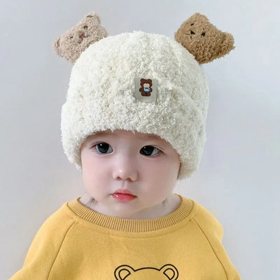 2022 Παιδικό ζεστό καπέλο προστασίας αυτιών Bear Baby Cap βελούδινο φθινόπωρο, χειμερινή σεζόν, Παιδικό κασκόλ Chapeau Ένα δύο κομμάτια Super Cute