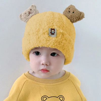 2022 Παιδικό ζεστό καπέλο προστασίας αυτιών Bear Baby Cap βελούδινο φθινόπωρο, χειμερινή σεζόν, Παιδικό κασκόλ Chapeau Ένα δύο κομμάτια Super Cute