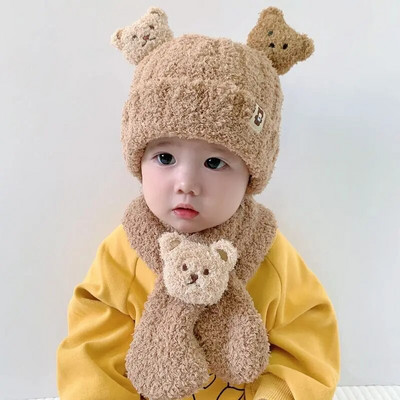 2022 Παιδικό ζεστό καπέλο προστασίας αυτιών Bear Baby Cap βελούδινο φθινόπωρο, χειμερινή σεζόν, Παιδικό κασκόλ Chapeau Ένα δύο κομμάτια Super Cute