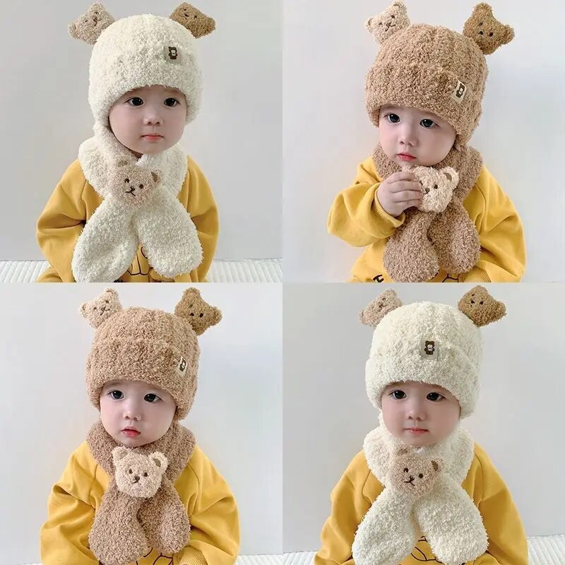 2022 Παιδικό ζεστό καπέλο προστασίας αυτιών Bear Baby Cap βελούδινο φθινόπωρο, χειμερινή σεζόν, Παιδικό κασκόλ Chapeau Ένα δύο κομμάτια Super Cute