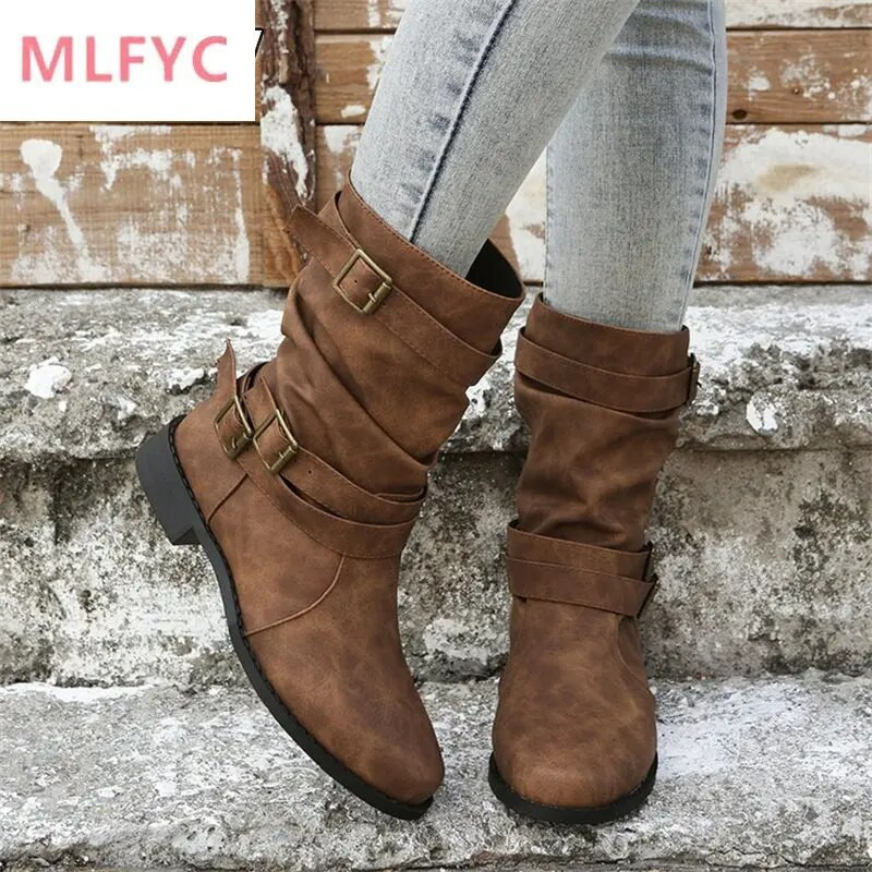 Sügis ja talv 2022 uued suured keskmised saapad, laste ümmarguse peaga lameda põhjaga rihma pandlaga naiste mootorratta saapad