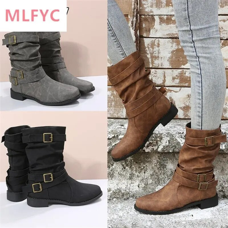 Sügis ja talv 2022 uued suured keskmised saapad, laste ümmarguse peaga lameda põhjaga rihma pandlaga naiste mootorratta saapad