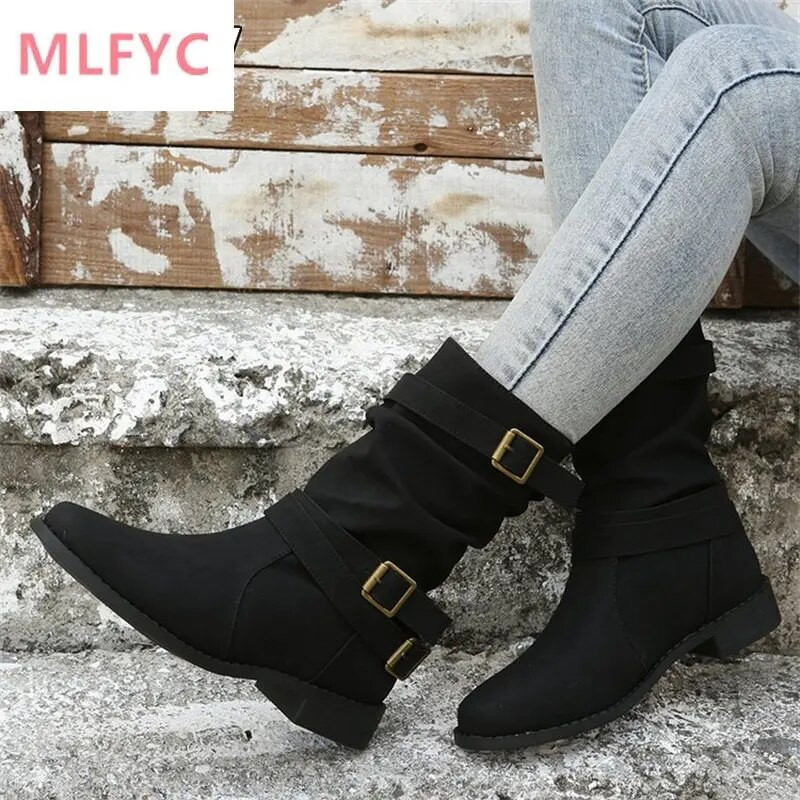 Sügis ja talv 2022 uued suured keskmised saapad, laste ümmarguse peaga lameda põhjaga rihma pandlaga naiste mootorratta saapad