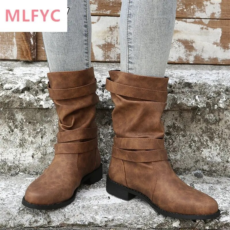 Sügis ja talv 2022 uued suured keskmised saapad, laste ümmarguse peaga lameda põhjaga rihma pandlaga naiste mootorratta saapad