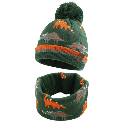 2бр. Плетена шапка на динозавър Шал с пръстен Комплекти Детска шапка Деца Момичета Момчета Еластична Есен Зима Мека топла шапка