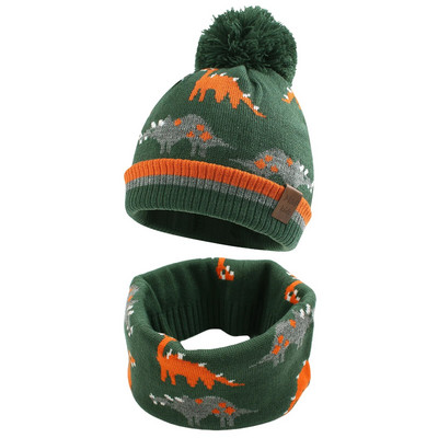 Seturi de eșarfe cu inel de pălărie tricotată cu dinozaur, 2 buc., căciulă pentru copii, fete, băieți, elastic, toamnă, iarnă, moale, pălărie caldă.