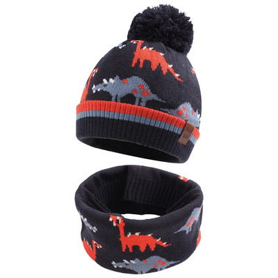 Seturi de eșarfe cu inel de pălărie tricotată cu dinozaur, 2 buc., căciulă pentru copii, fete, băieți, elastic, toamnă, iarnă, moale, pălărie caldă.