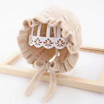 2020 Зимна топла бебешка шапка за момиченце Принцеса 0-3T Шапка за малко дете Меко плетиво Сладко регулируемо по-топло с връзки Детско носене на шапка с уши